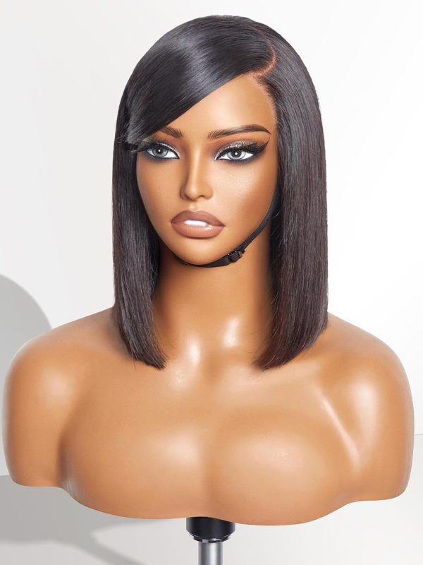 luvme hair 10 inch bob wig human hair with swoop bangs, pre cut glueless 5x5 closure lace wig with side bangs, deep left c part silky straight short wigs for women (breathable cap)