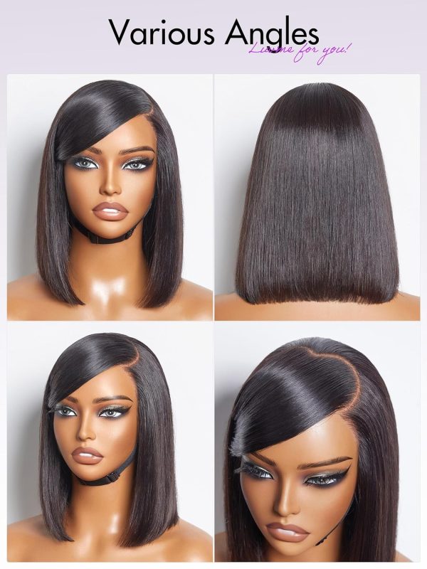 luvme hair 10 inch bob wig human hair with swoop bangs, pre cut glueless 5x5 closure lace wig with side bangs, deep left c part silky straight short wigs for women (breathable cap)