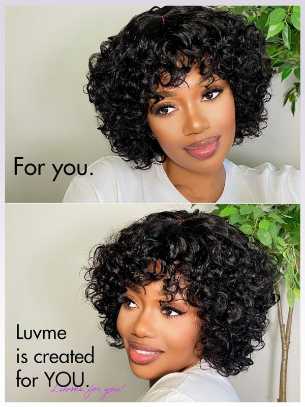 luvme hair 6 inch short water wave bob wig with bangs human hair glueless minimalist lace wig with curly bangs for women light weight put on and go wig