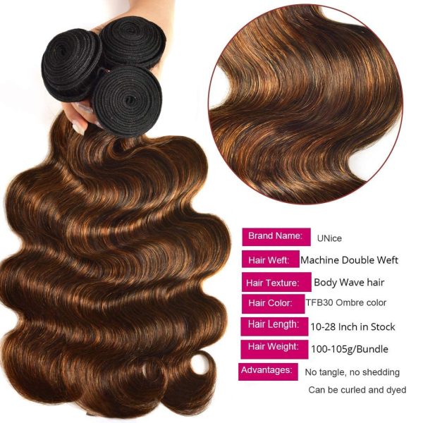 unice brown highlight body wave human hair weave 4 bundles 30 30 30 30 inches, brazilian remy hair ombre blonde human hair wavy weaves sew in fb30 piano color