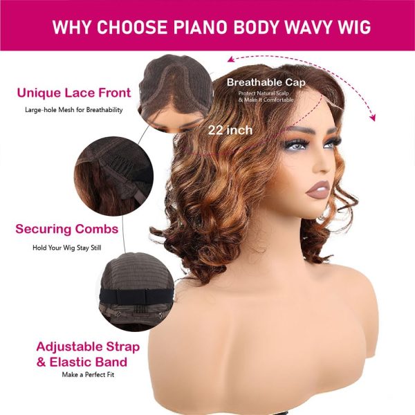 12 inch body wave vietnamese human hair wig pre plucked hd lace & adjustable notches & combs, ready to go out with short piano color m228 wig 180% density