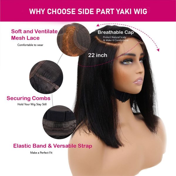 12 inch yaki side part vietnamese human hair wig adjustable notches & strap at the back natural #1b color wig 180% density, ready to go out with short yaki lace bob wig