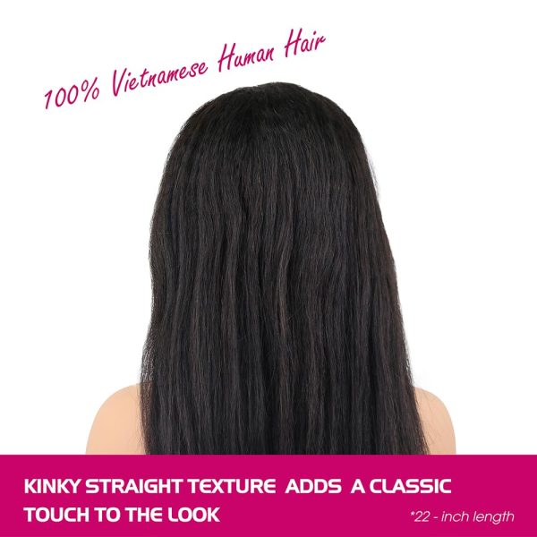 22 inch kinky straight middle part vietnamese human hair hd lace closure wig 5x5 with adjustable straps at the back & secure combs, natural #1b color wig 180% density