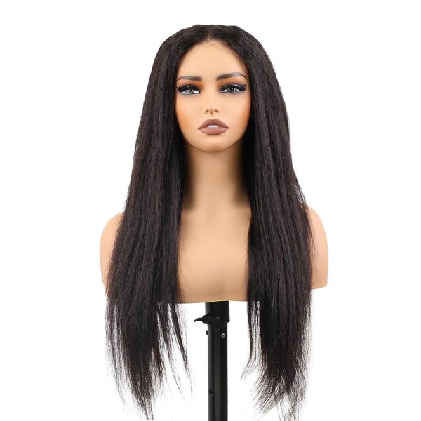 22 inch kinky straight middle part vietnamese human hair hd lace closure wig 5x5 with adjustable straps at the back & secure combs, natural #1b color wig 180% density