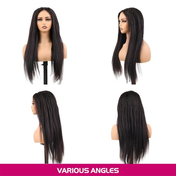 22 inch kinky straight middle part vietnamese human hair hd lace closure wig 5x5 with adjustable straps at the back & secure combs, natural #1b color wig 180% density