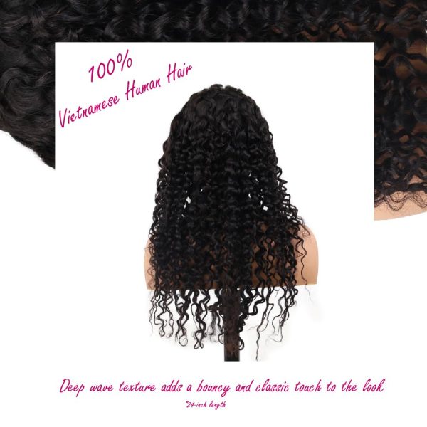 24 inch deep wave middle part vietnamese human hair hd lace frontal wig 13x4 with adjustable notches at the back & secure combs, natural #1b color wig 180% density