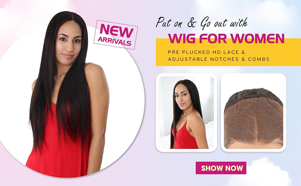 24 inch straight middle part vietnamese human hair hd lace frontal wig 13x4 with adjustable notches at the back & secure combs, natural #1b color wig 180% density