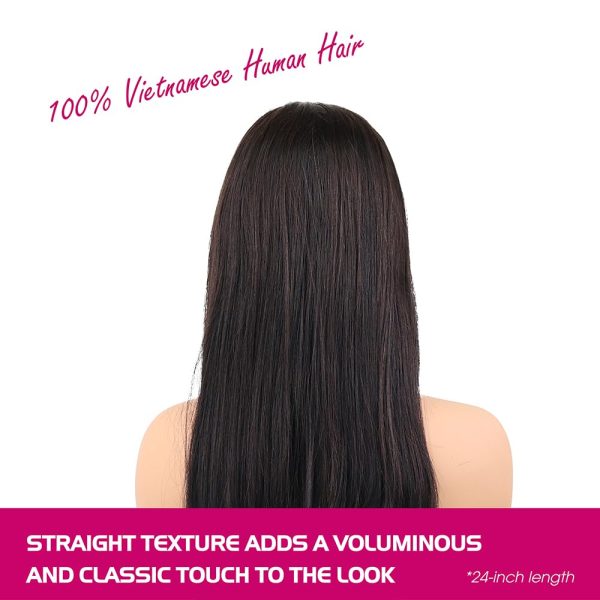 24 inch straight middle part vietnamese human hair hd lace frontal wig 13x4 with adjustable notches at the back & secure combs, natural #1b color wig 180% density