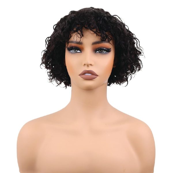 8 inch pixie curly vietnamese human hair side part short bob wig with bang with adjustable straps & elastic band at the back & secure combs, natural #1b color wig 180% density