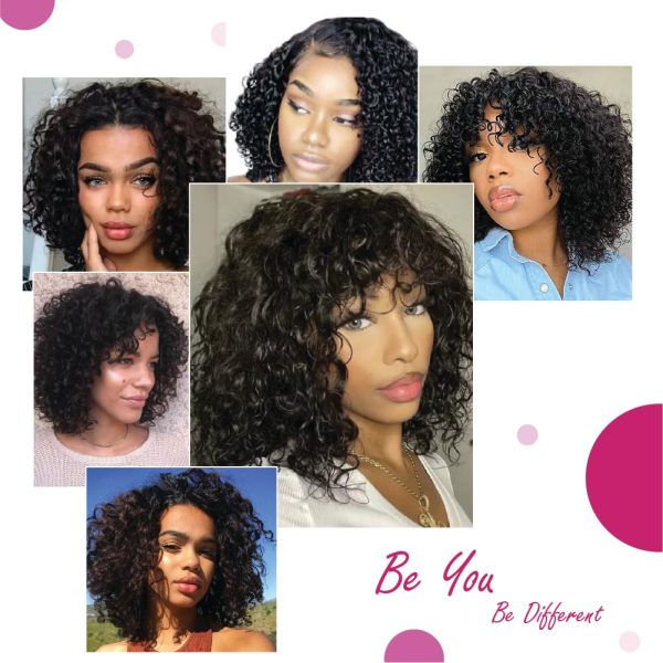 8 inch pixie curly vietnamese human hair side part short bob wig with bang with adjustable straps & elastic band at the back & secure combs, natural #1b color wig 180% density