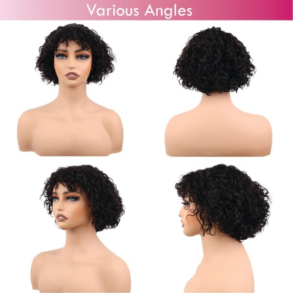 8 inch pixie curly vietnamese human hair side part short bob wig with bang with adjustable straps & elastic band at the back & secure combs, natural #1b color wig 180% density