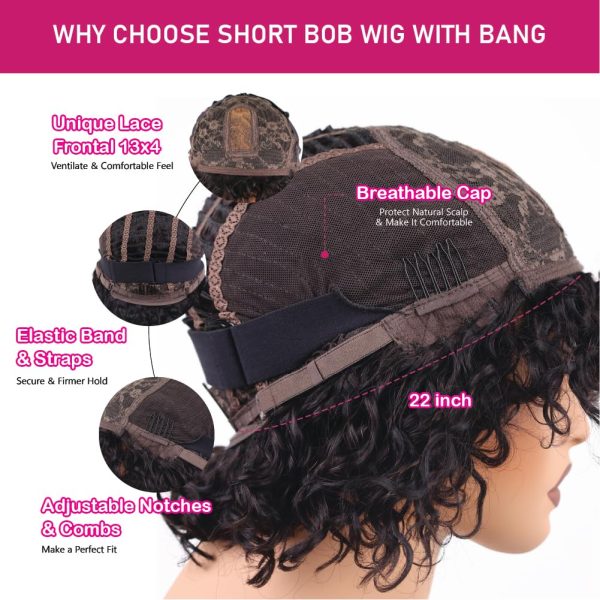 8 inch pixie curly vietnamese human hair side part short bob wig with bang with adjustable straps & elastic band at the back & secure combs, natural #1b color wig 180% density