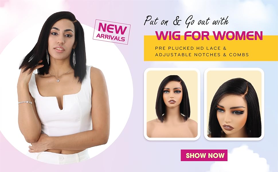 big g hair 10 inch yaki straight vietnamese human hair side part wig with adjustable straps & elastic band at the back & secure combs, natural #1b color invisible knots wig 180% density