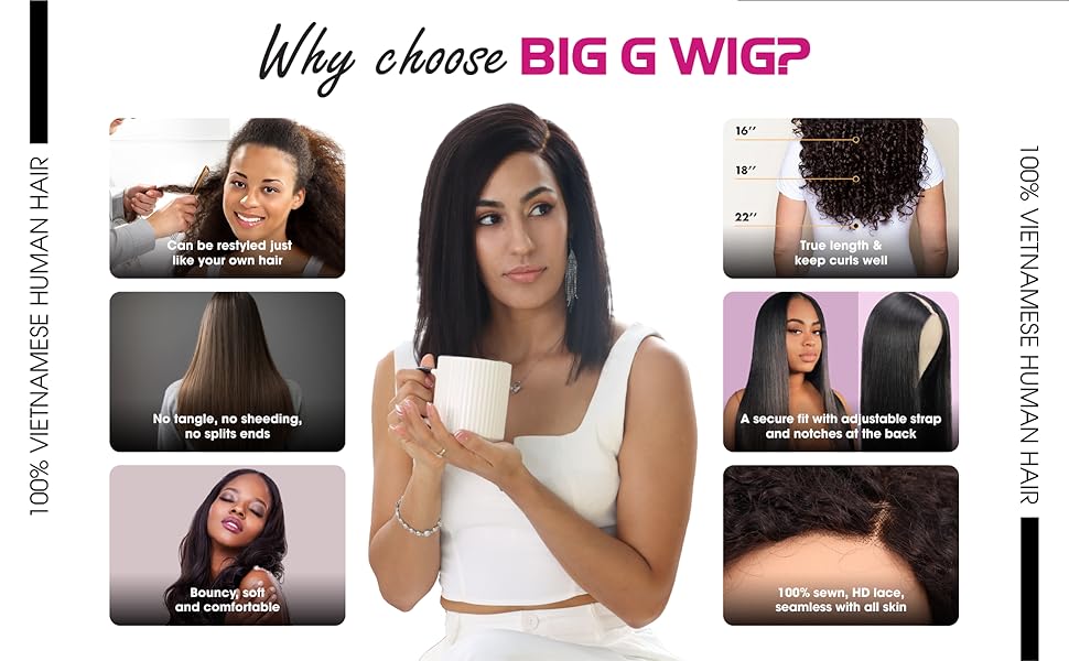 big g hair 10 inch yaki straight vietnamese human hair side part wig with adjustable straps & elastic band at the back & secure combs, natural #1b color invisible knots wig 180% density