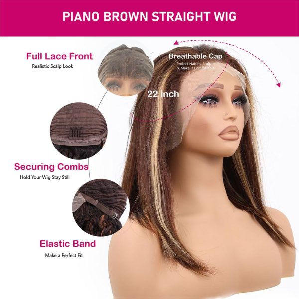 big g hair 12 inch straight vietnamese human hair wig pre plucked hd lace & adjustable notches & combs, ready for go out with short piano brown color #4/27 wig 180% density for women