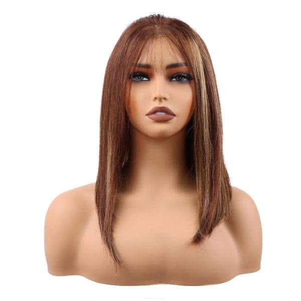 big g hair 12 inch straight vietnamese human hair wig pre plucked hd lace & adjustable notches & combs, ready for go out with short piano brown color #4/27 wig 180% density for women