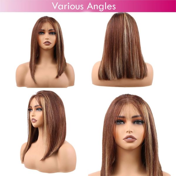 big g hair 12 inch straight vietnamese human hair wig pre plucked hd lace & adjustable notches & combs, ready for go out with short piano brown color #4/27 wig 180% density for women