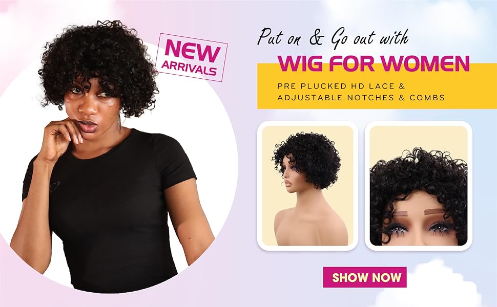 big g hair 9 inch curly pixie cut vietnamese human hair wig hd lace front wig 6x6 adjustable strap & parts at the back natural #1b color wig 180% density, ready to go out with black short wigs