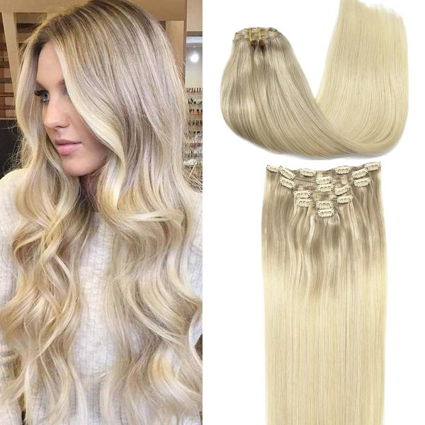 goo goo clip in hair extensions real human hair, remy human hair extensions clip ins for women, natural human hair 17/22/60 balayage ash blonde to golden blonde and platinum blonde