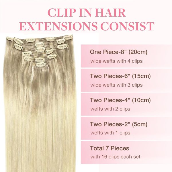 goo goo clip in hair extensions real human hair, remy human hair extensions clip ins for women, natural human hair 17/22/60 balayage ash blonde to golden blonde and platinum blonde