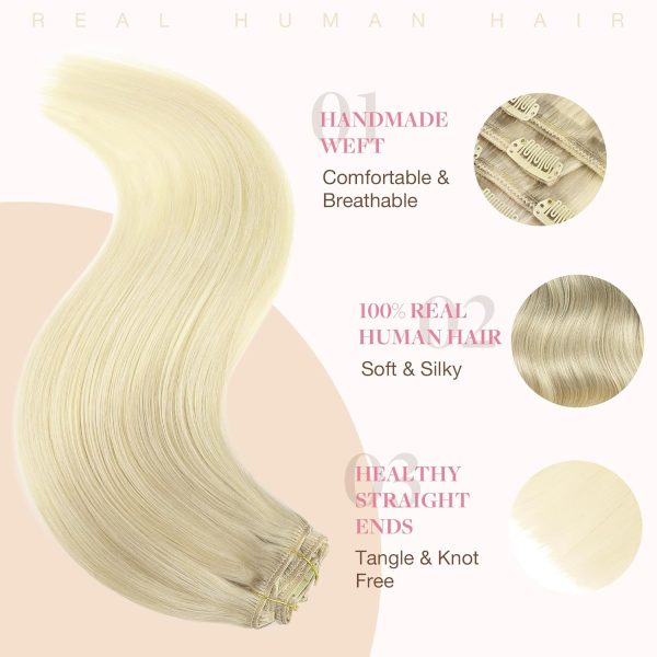 goo goo clip in hair extensions real human hair, remy human hair extensions clip ins for women, natural human hair 17/22/60 balayage ash blonde to golden blonde and platinum blonde