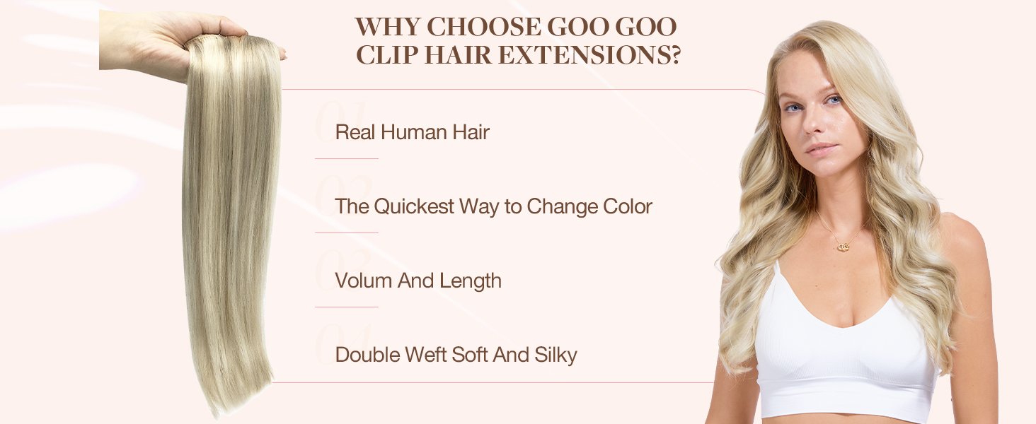 goo goo clip in hair extensions real human hair, remy human hair extensions clip ins for women, natural human hair, 17a/60a ash blonde highlighted platinum blonde