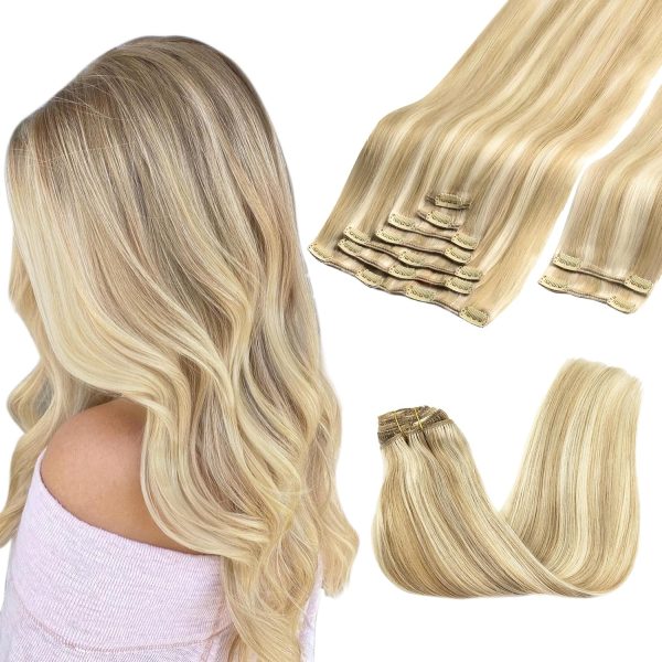 goo goo clip in hair extensions real human hair, remy human hair extensions clip ins for women, natural human hair, 18a/613a dark blonde highlighted bleach blonde