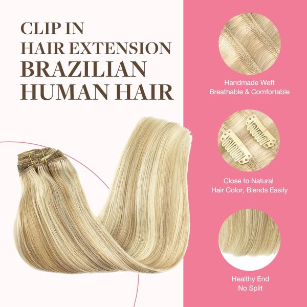 goo goo clip in hair extensions real human hair, remy human hair extensions clip ins for women, natural human hair, 18a/613a dark blonde highlighted bleach blonde