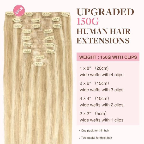 goo goo clip in hair extensions real human hair, remy human hair extensions clip ins for women, natural human hair, 18a/613a dark blonde highlighted bleach blonde