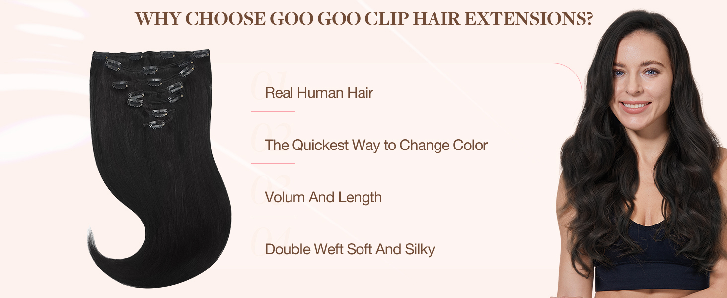 goo goo clip in hair extensions real human hair, remy human hair extensions clip ins for women, natural human hair, 18inch 120g 7pcs, 1b natural black