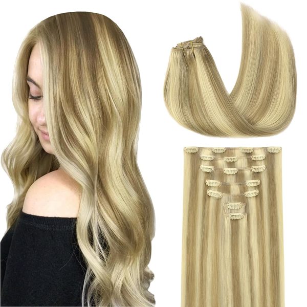 goo goo clip in hair extensions real human hair, remy human hair extensions clip ins for women, natural human hair,16/22 light blonde highlighted golden blonde