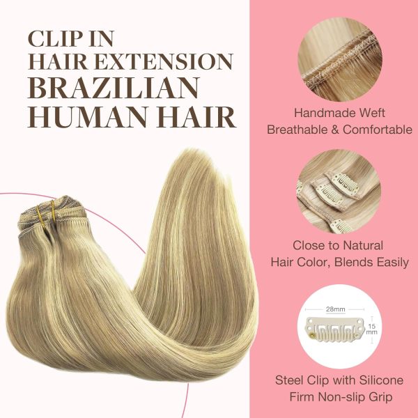 goo goo clip in hair extensions real human hair, remy human hair extensions clip ins for women, natural human hair,16/22 light blonde highlighted golden blonde