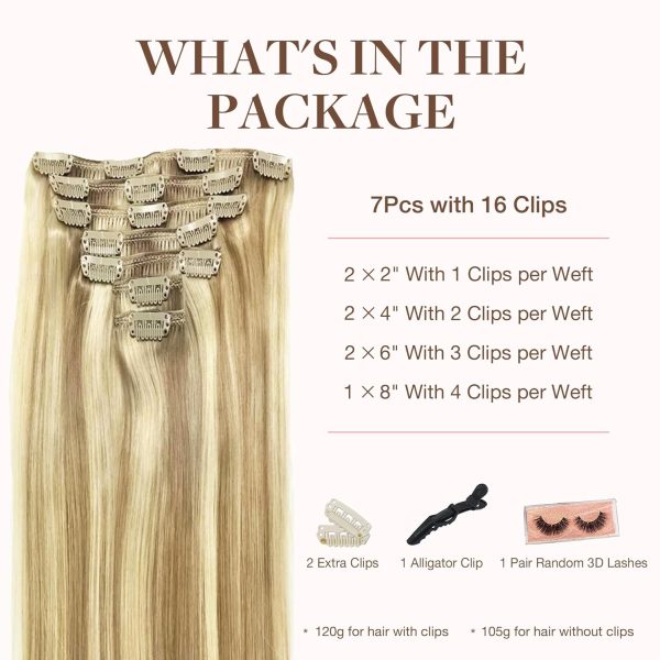 goo goo clip in hair extensions real human hair, remy human hair extensions clip ins for women, natural human hair,16/22 light blonde highlighted golden blonde