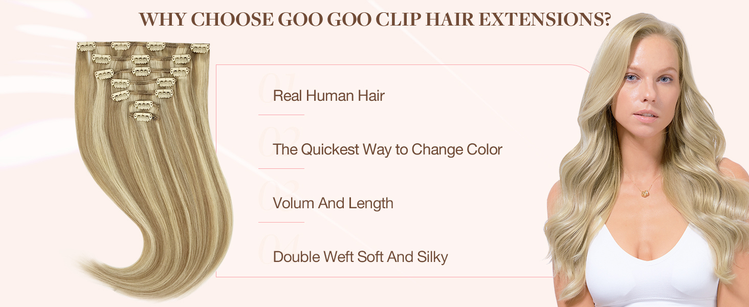 goo goo clip in hair extensions real human hair, remy human hair extensions clip ins for women, natural human hair,16/22 light blonde highlighted golden blonde