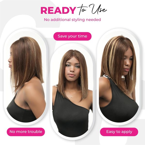 12 inch straight virgin human hair wig pre plucked hd lace & adjustable notches & combs, ready for go out with short piano brown color #4/27 wig 180% density for women