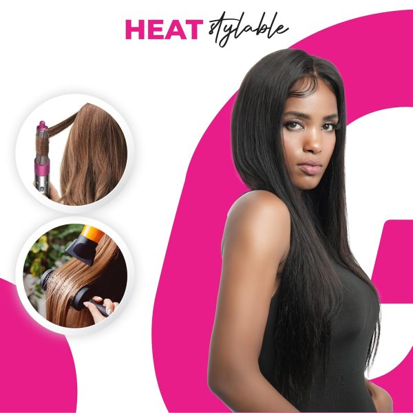 24 inch straight middle part virgin human hair hd lace frontal wig 13x4 with adjustable notches at the back & secure combs, natural #1b color wig 180% density