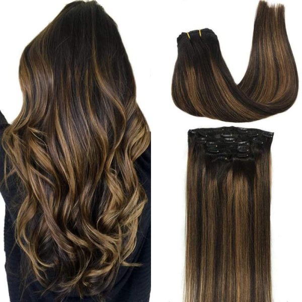 goo goo clip in hair extensions real human hair, remy human hair extensions clip ins for women, natural human hair 1b/6/1b balayage natural black to chestnut brown