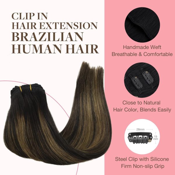 goo goo clip in hair extensions real human hair, remy human hair extensions clip ins for women, natural human hair 1b/6/1b balayage natural black to chestnut brown