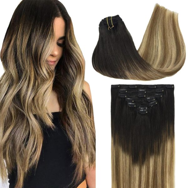 goo goo clip in hair extensions real human hair, remy human hair extensions clip ins for women, natural human hair, 2/6/18 balayage brown to dirty blonde