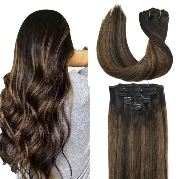 goo goo clip in hair extensions real human hair, remy human hair extensions clip ins for women, natural human hair, 2/6/2 balayage dark brown to chestnut brown