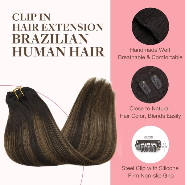 goo goo clip in hair extensions real human hair, remy human hair extensions clip ins for women, natural human hair, 2/6/2 balayage dark brown to chestnut brown