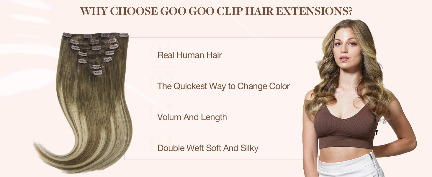 goo goo clip in hair extensions real human hair, remy human hair extensions clip ins for women, natural human hair, 3/8/613 balayage walnut brown to ash brown and bleach blonde