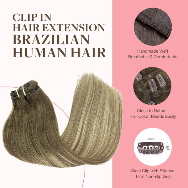 goo goo clip in hair extensions real human hair, remy human hair extensions clip ins for women, natural human hair, 3/8/613 balayage walnut brown to ash brown and bleach blonde