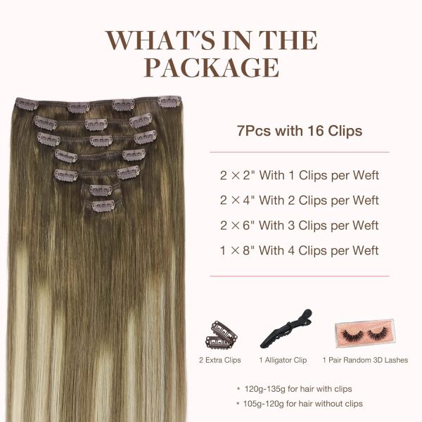 goo goo clip in hair extensions real human hair, remy human hair extensions clip ins for women, natural human hair, 3/8/613 balayage walnut brown to ash brown and bleach blonde