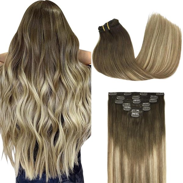 goo goo clip in hair extensions real human hair, remy human hair extensions clip ins for women, natural human hair, 3/8/613 balayage walnut brown to ash brown and bleach blonde