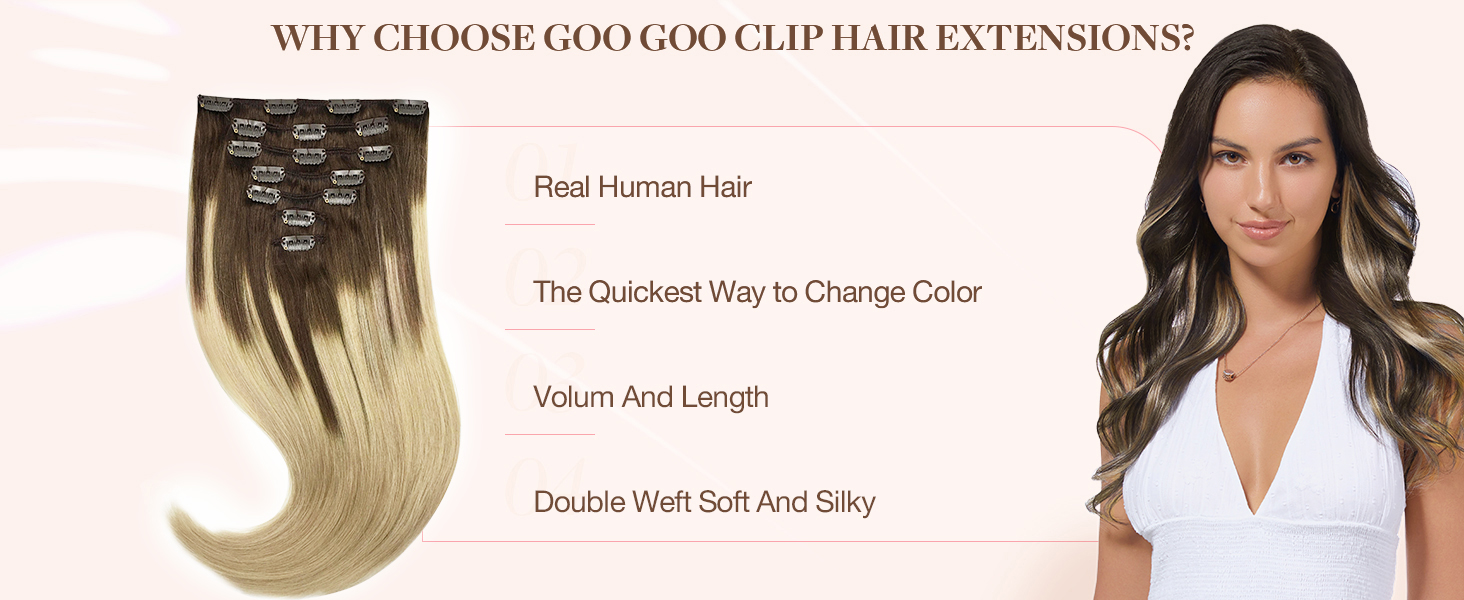 goo goo clip in hair extensions real human hair, remy human hair extensions clip ins for women, natural human hair, 4/18 balayage chocolate brown highlighted dirty blonde