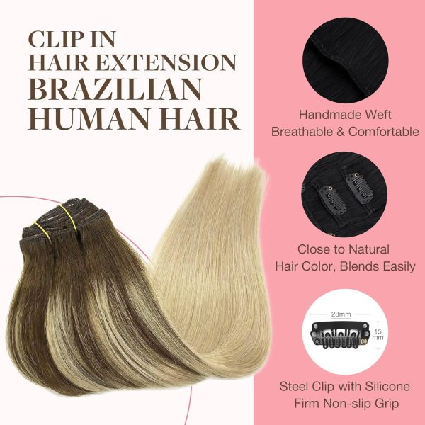 goo goo clip in hair extensions real human hair, remy human hair extensions clip ins for women, natural human hair, 4/18 balayage chocolate brown highlighted dirty blonde