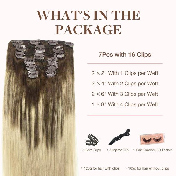 goo goo clip in hair extensions real human hair, remy human hair extensions clip ins for women, natural human hair, 4/18 balayage chocolate brown highlighted dirty blonde