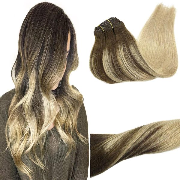 goo goo clip in hair extensions real human hair, remy human hair extensions clip ins for women, natural human hair, 4/18 balayage chocolate brown highlighted dirty blonde