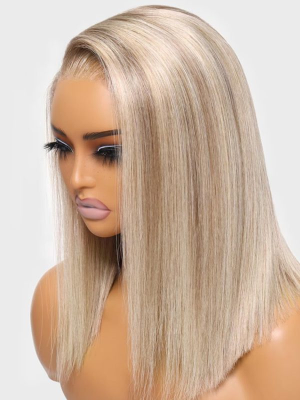 unice bye bye knots glueless wigs human hair pre plucked pre cut 7x5 lace closure wig straight short bob wig ready to go bleached knots blonde with brown root 150% density